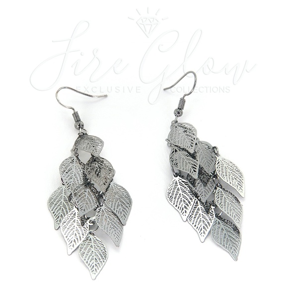 Boho Chic Palladium Tone Filigree Leaf Earrings - Picture 8 of 8
